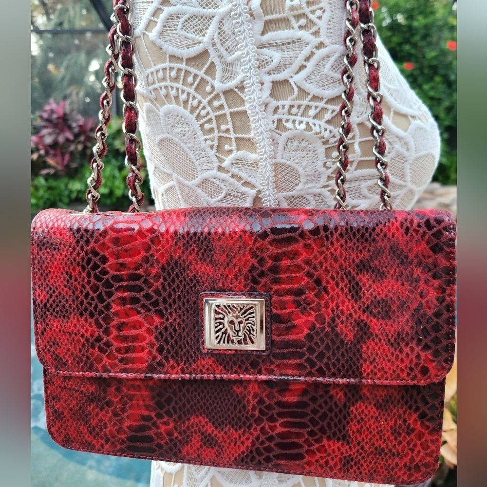 Anne Klein Lion Lady Red Snake Print Chain Shoulder Bag